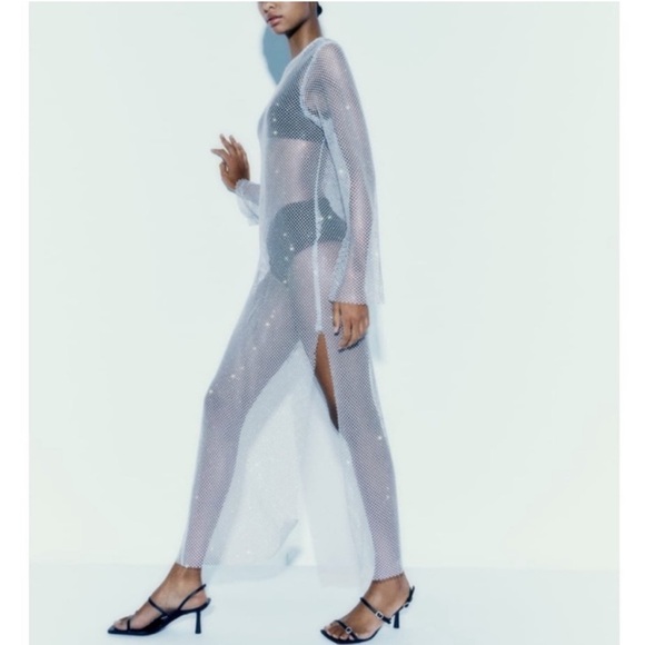 ZARA RHINESTONE MESH DRESS white sparkly size xs/s NWT - Picture 5 of 12